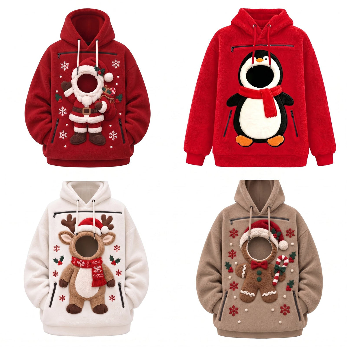The four JinglePawz pet pouch hoodie designs side by side on a white background