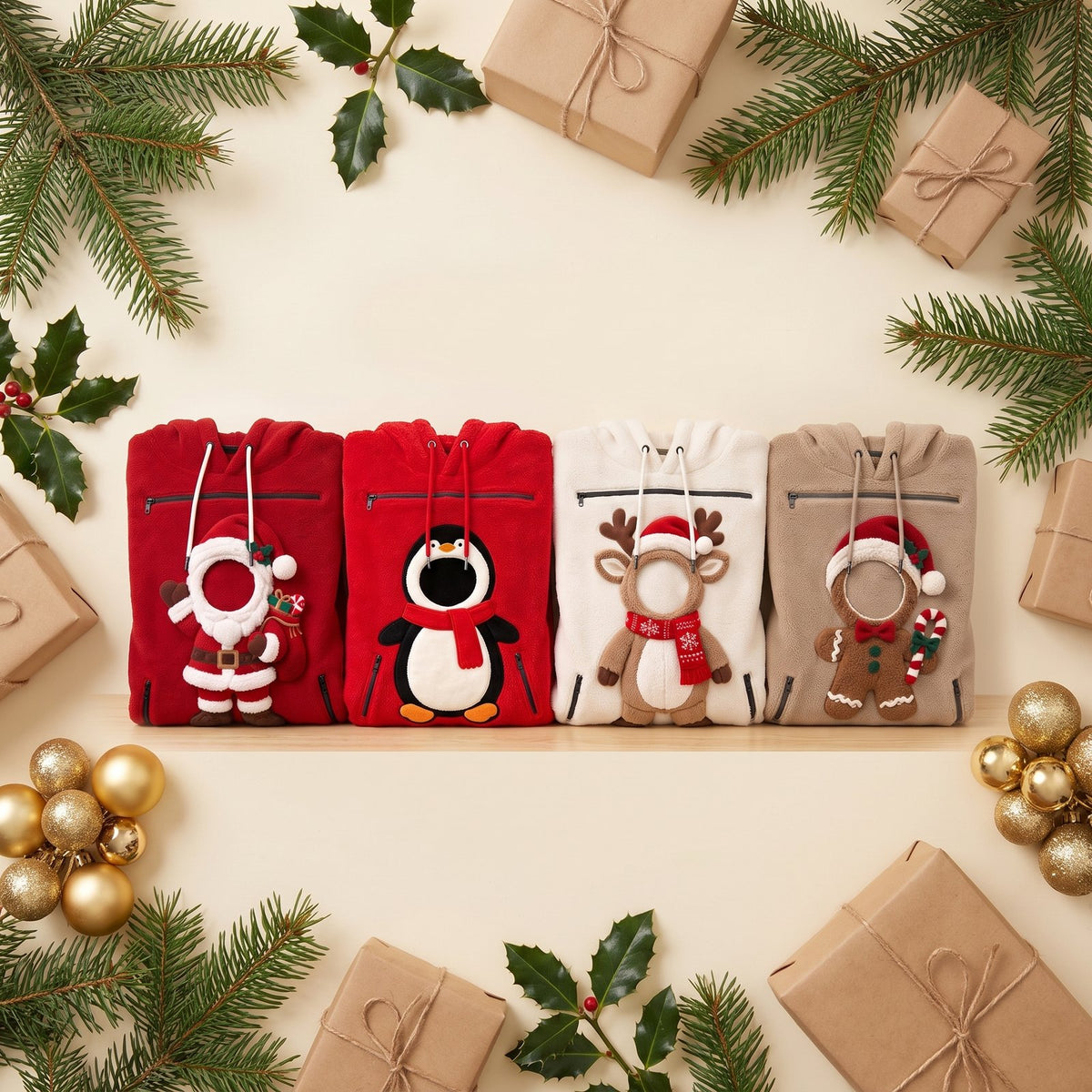 JinglePawz pet pouch hoodies in four Christmas designs: Santa, Penguin, Reindeer and Gingerbread