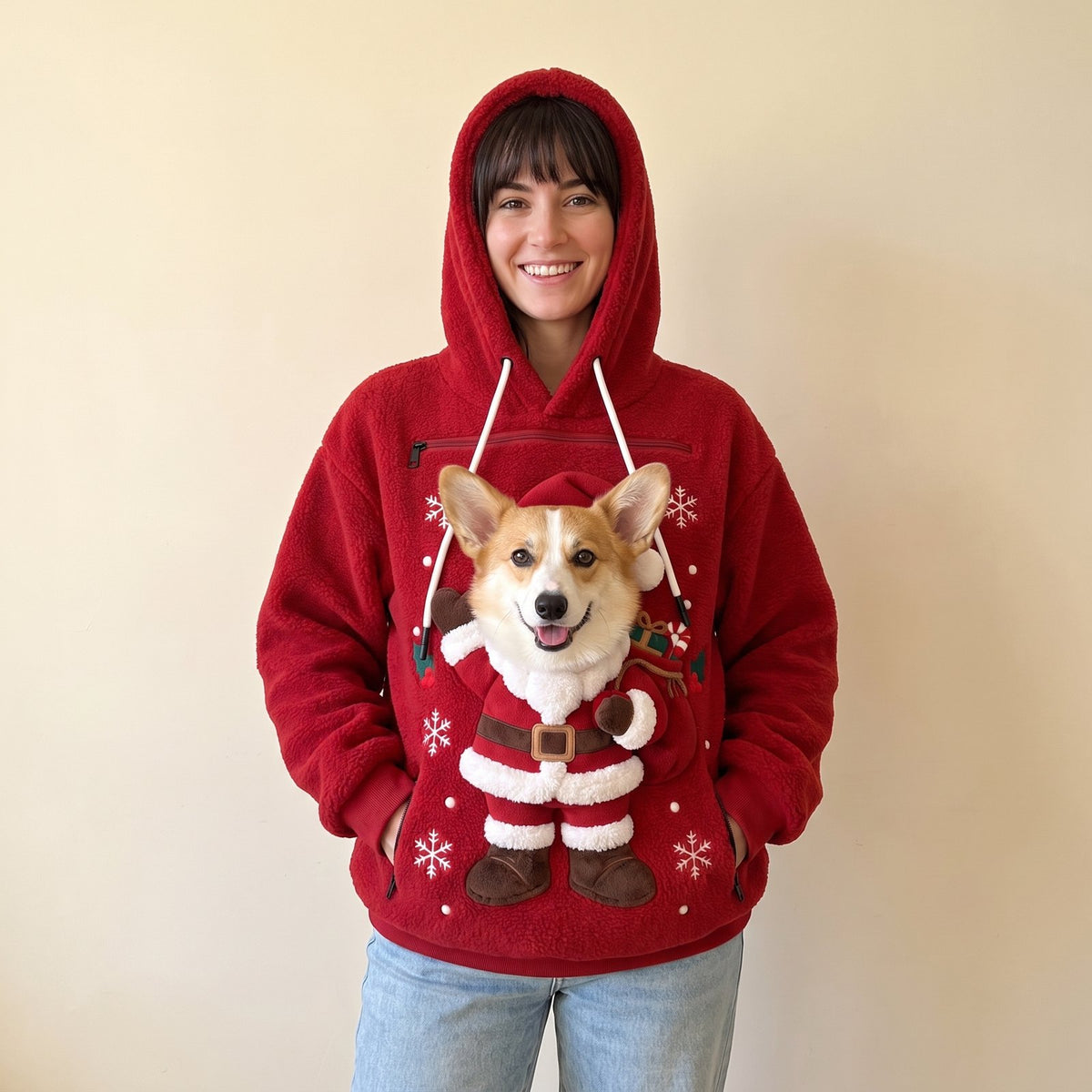 Woman wearing the red Santa pet pouch hoodie with a corgi peeking out of the front pouch