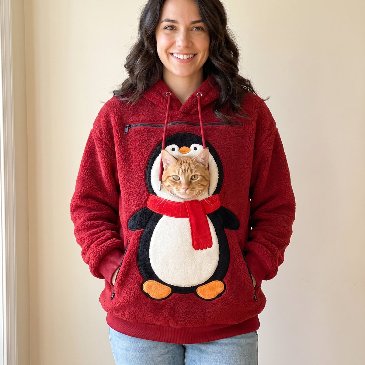 Woman wearing the red Penguin pet pouch hoodie with a cat peeking out of the front pouch