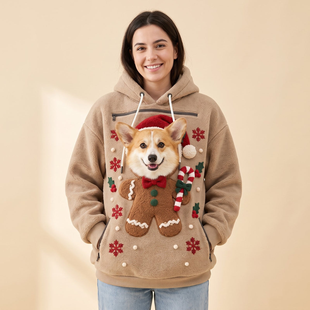 Woman wearing the beige Gingerbread pet pouch hoodie with a corgi peeking out of the pouch