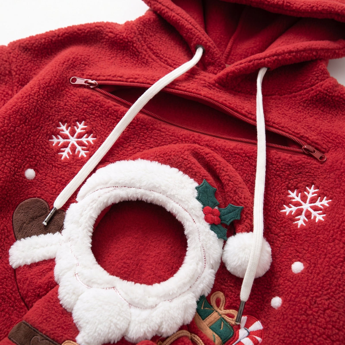 Close-up of the plush sherpa fabric, zipper and pet opening of the Santa hoodie
