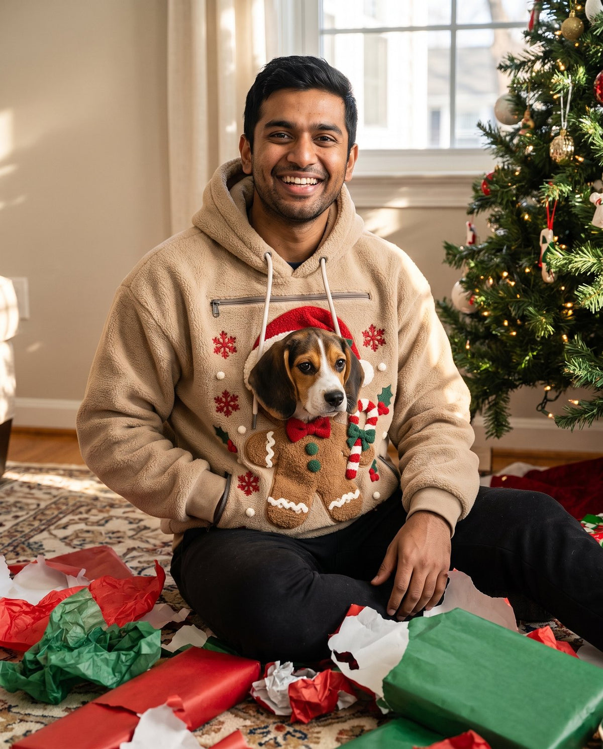 Customer opening Christmas gifts in the Gingerbread pet pouch hoodie with a beagle